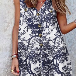 Plants Print Pocket Button Front Sleeveless V  neck Romper