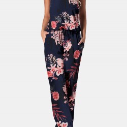 Flower Print Drawstring Pocket Strap Jumpsuit For Women